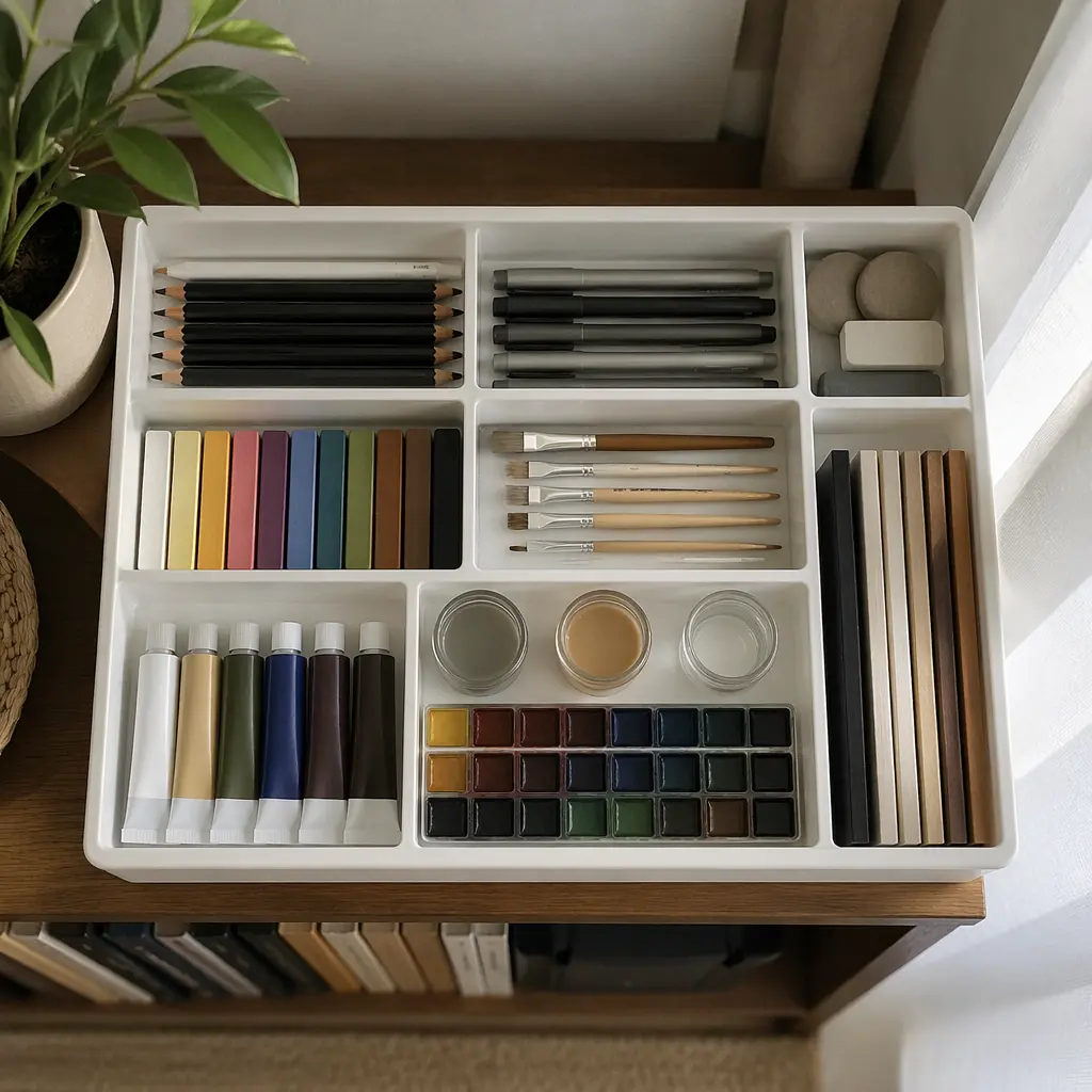 Organized art supplies stored neatly for easy access