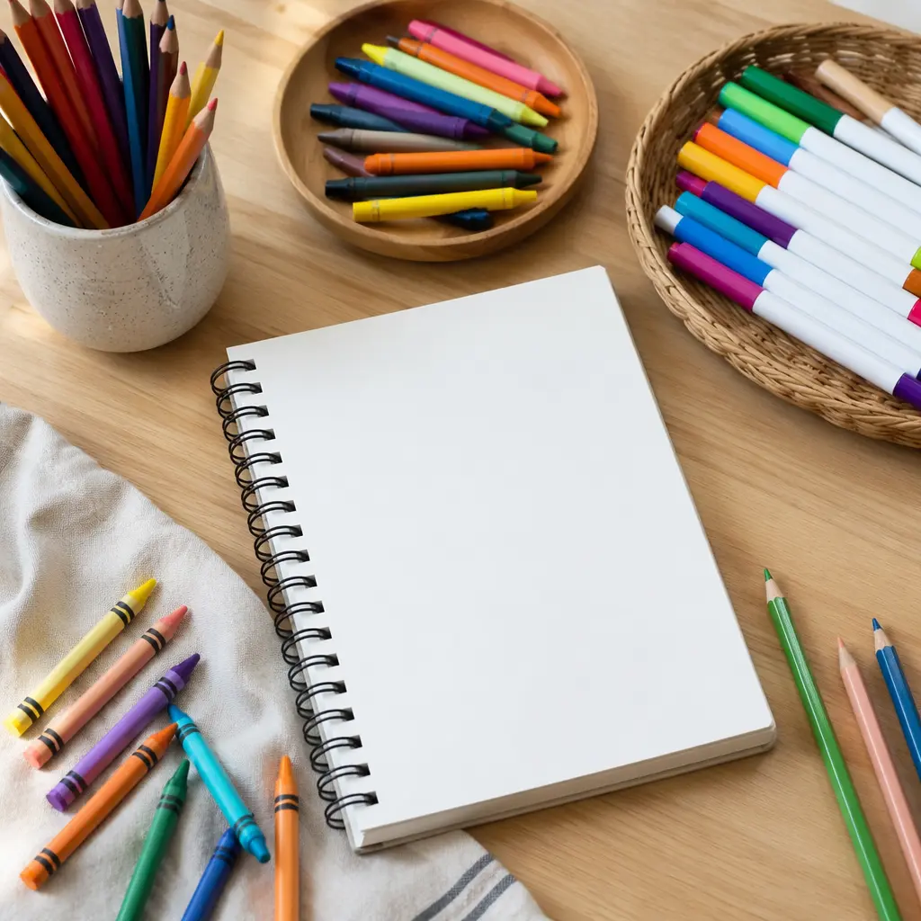 Simple, battery-free art supplies arranged on a wooden table