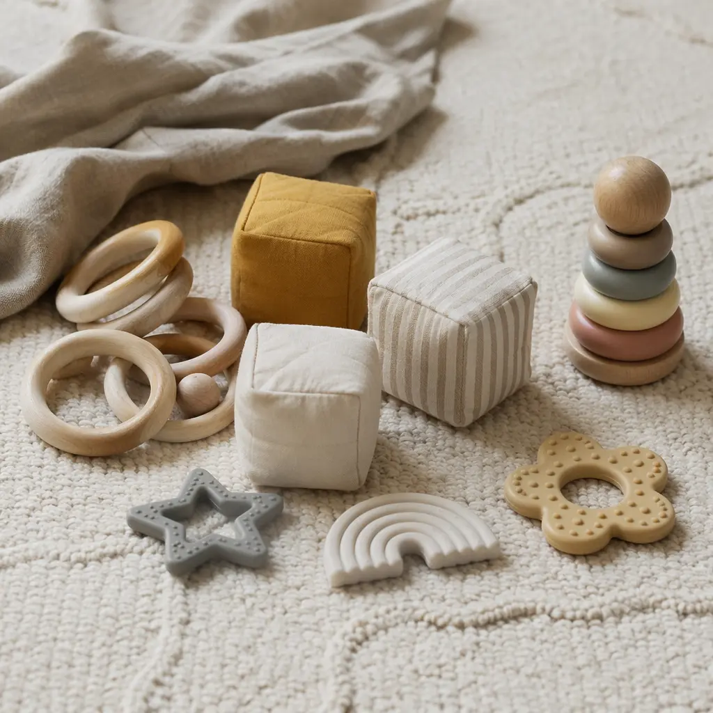Minimalist infant toys without batteries arranged on a soft rug