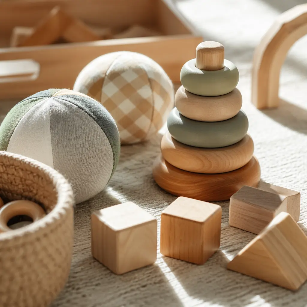 Natural-material baby toys displayed on a sunlit floor