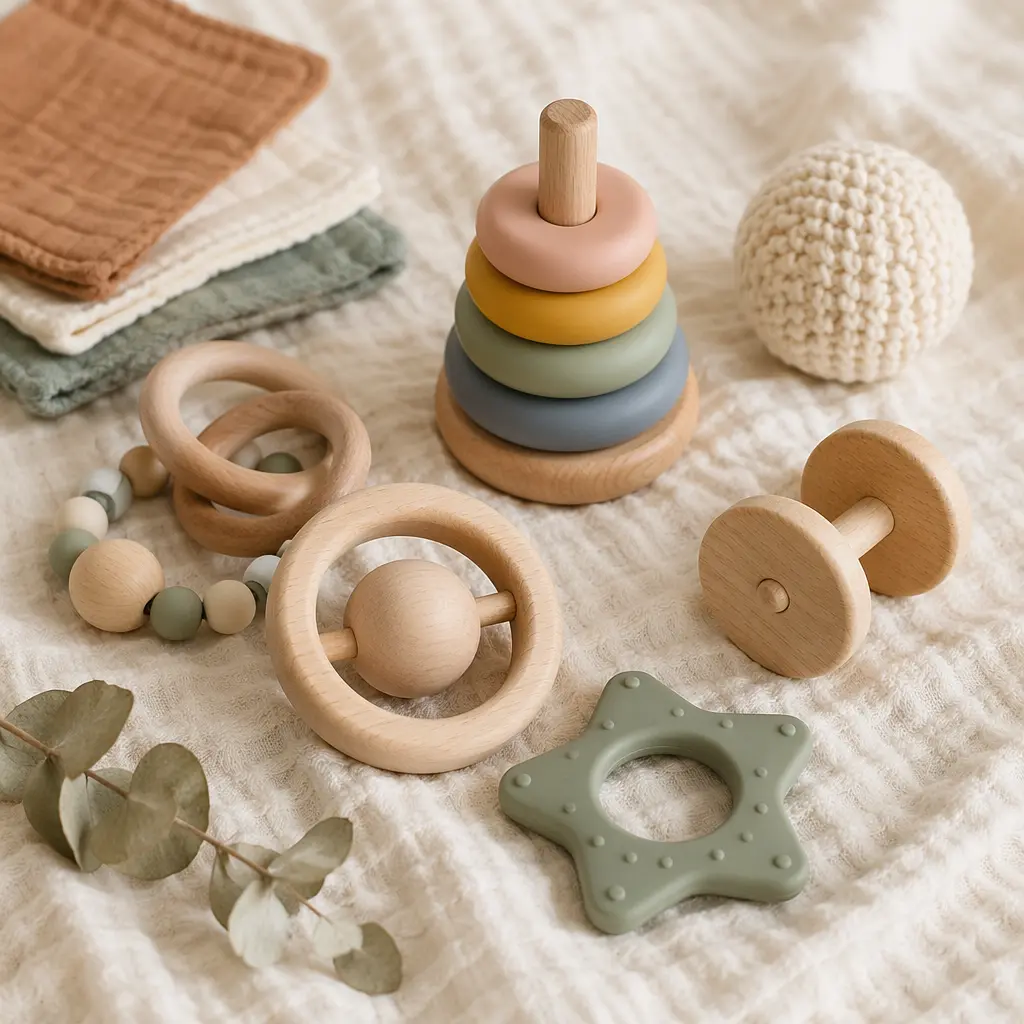 Simple no-battery baby toys made from wood and fabric on a neutral background
