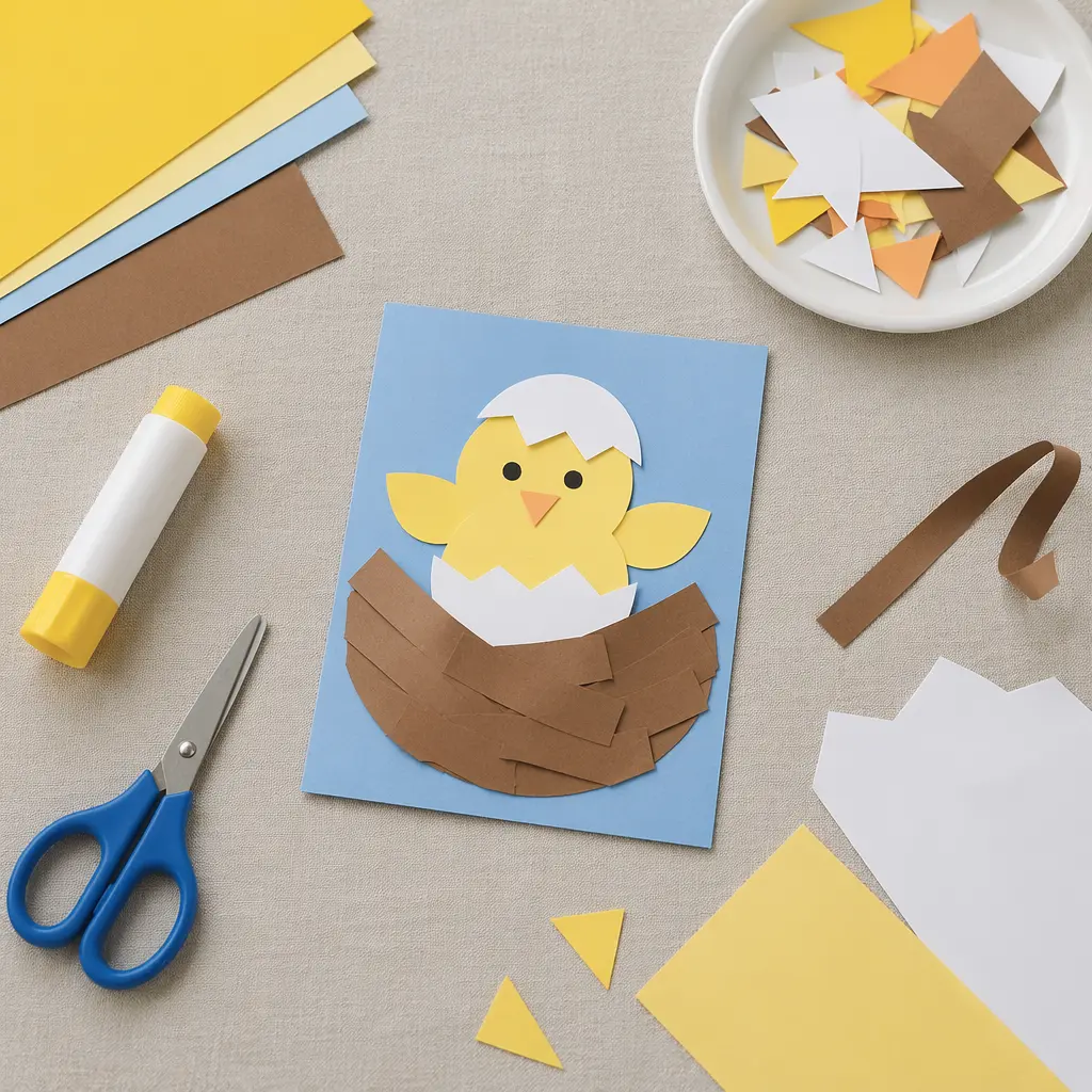 Child-friendly craft setup showing simple tools and a finished project