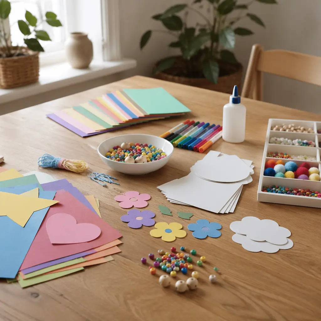 Simple children's craft kits arranged neatly on a table in soft natural light