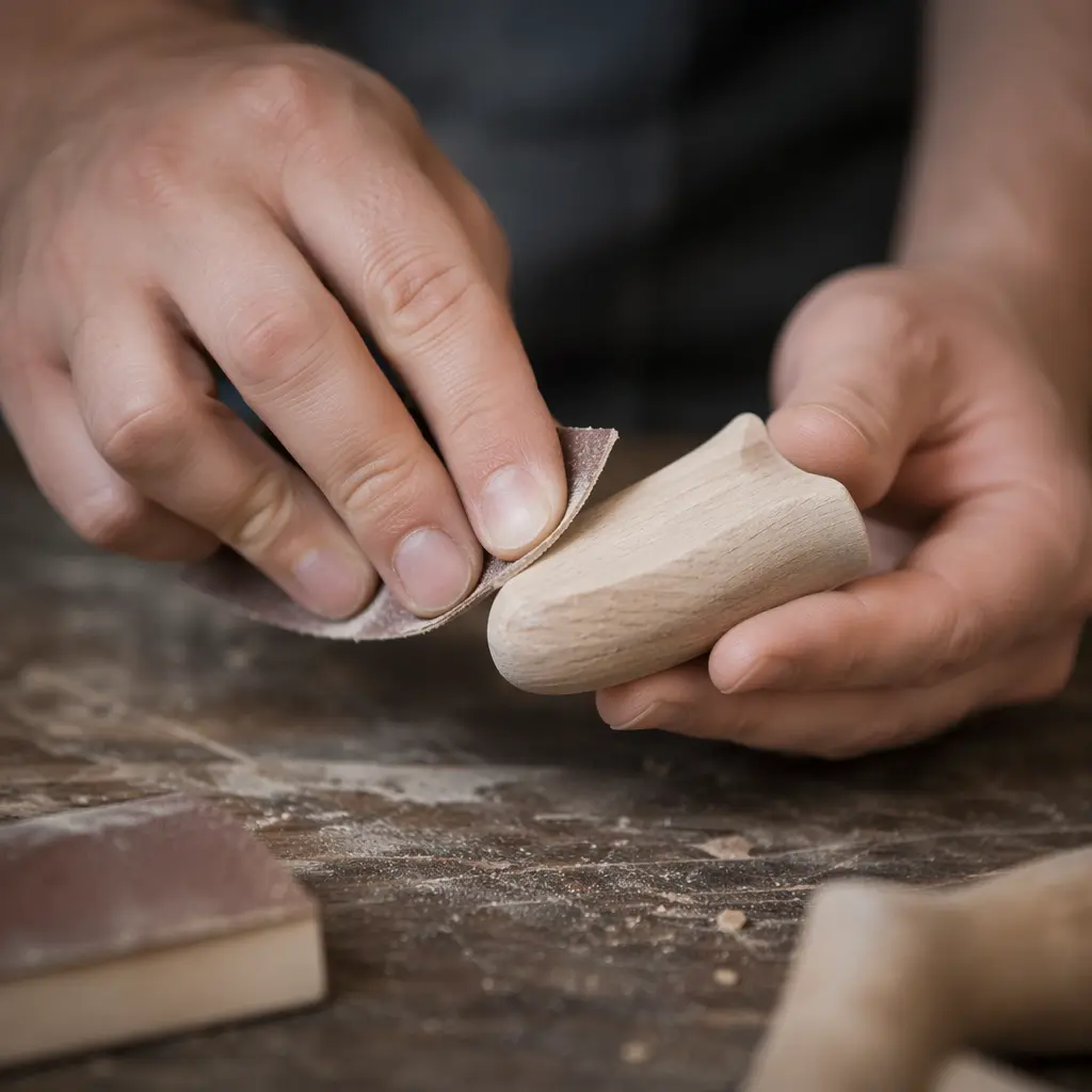 Hands sanding a wooden component during a maker project