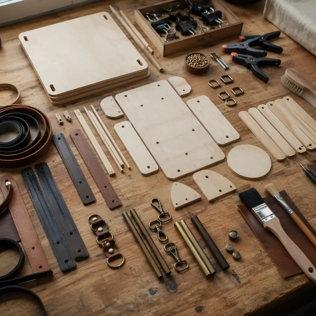 Assorted no-battery maker kit materials arranged on a worktable