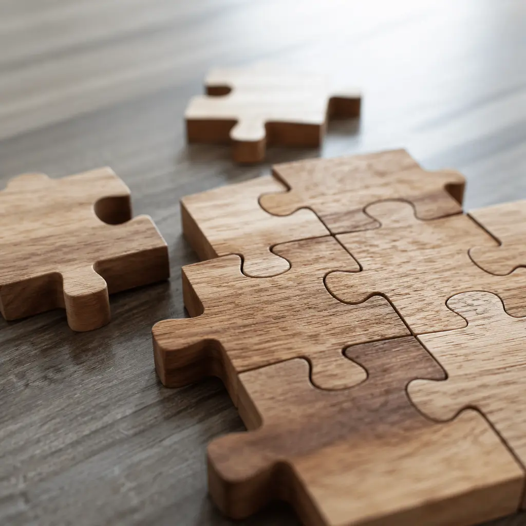 Partially assembled wooden puzzle pieces on a table