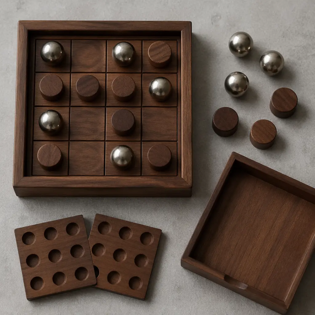 Wooden and metal logic puzzle laid out on a table