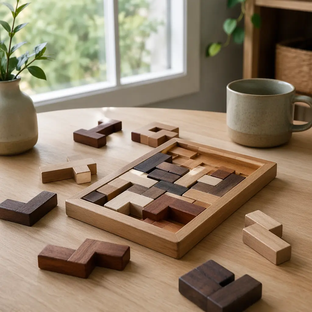 Wooden puzzle game pieces arranged on a table in soft natural light