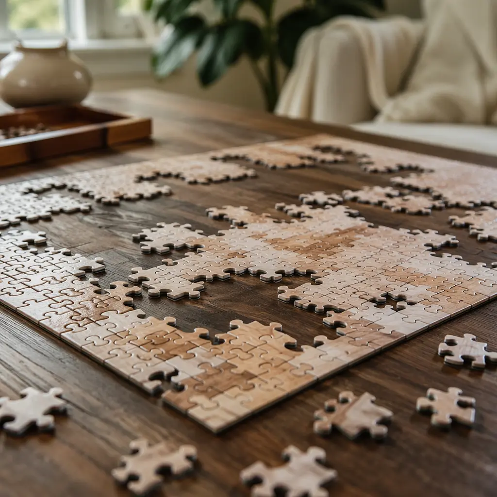 Close-up of wooden puzzle pieces being assembled