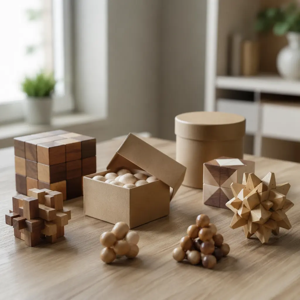 Screen-free puzzle toys arranged on a table in soft natural light
