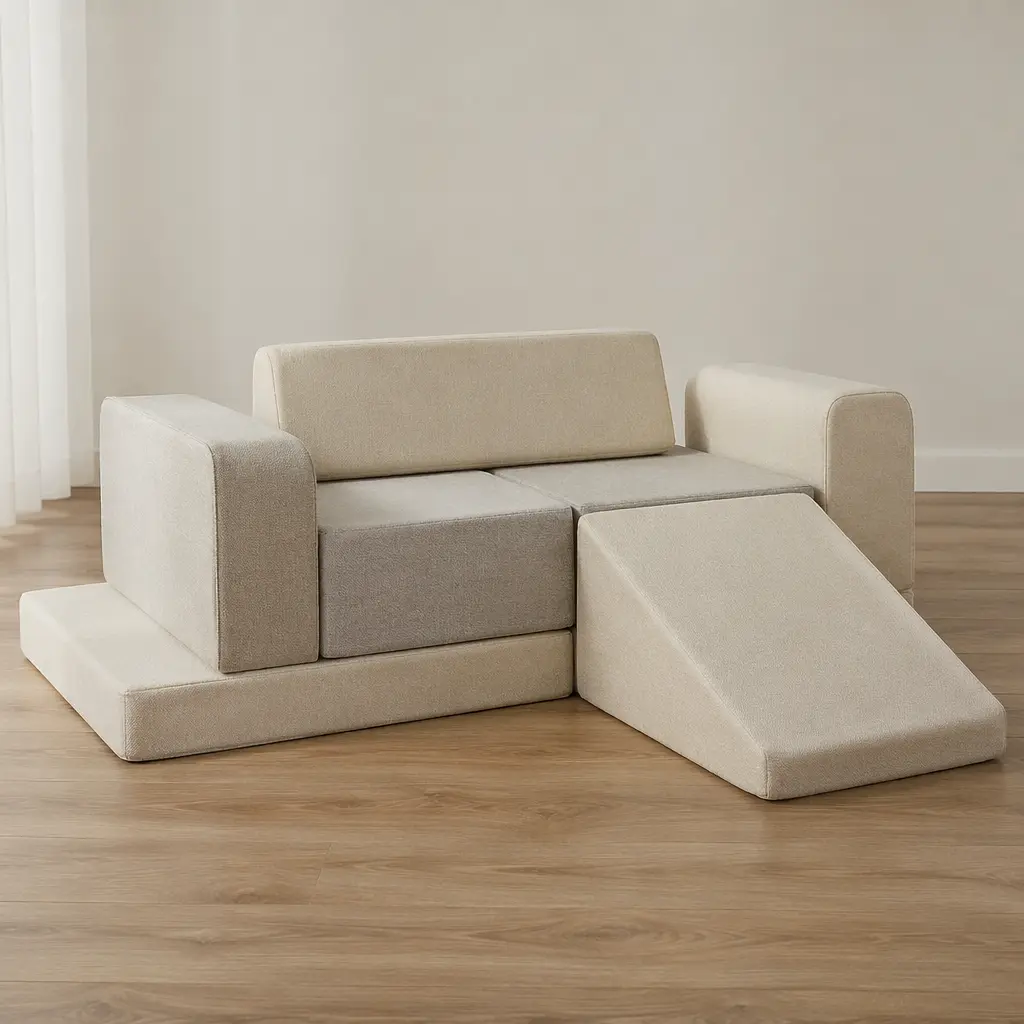 A modular foam play couch arranged as a sofa and ramp