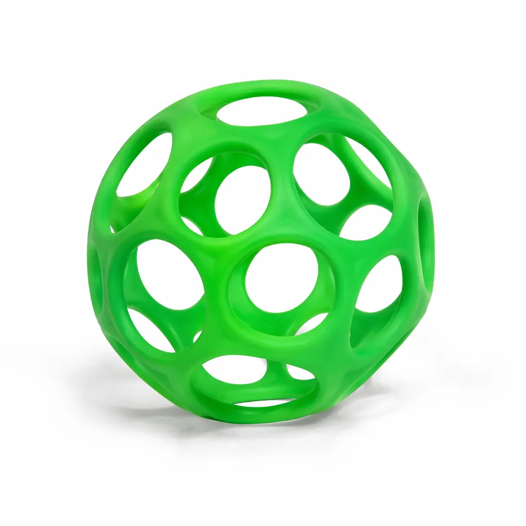 A soft, flexible holey rubber ball designed for babies to grip