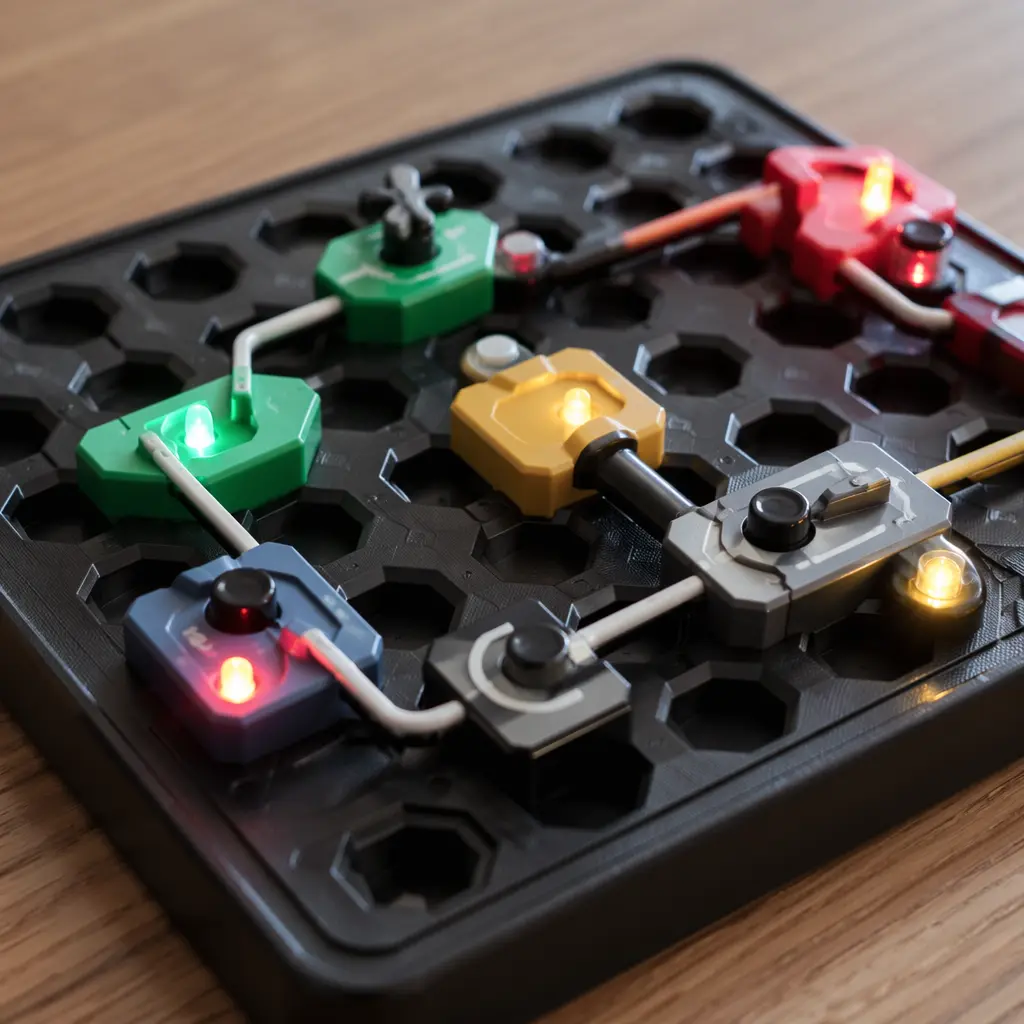 Close-up of modular electronic puzzle pieces connected in a logic challenge