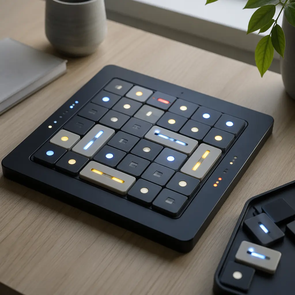 Tabletop electronic logic game with light-up tiles arranged in a puzzle