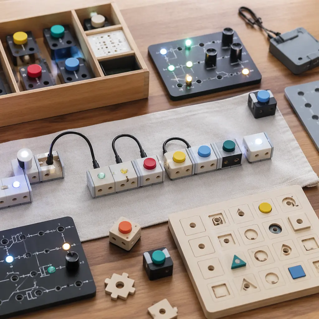 Screen-free electronic logic toys with buttons, lights, and puzzle components laid out on a table