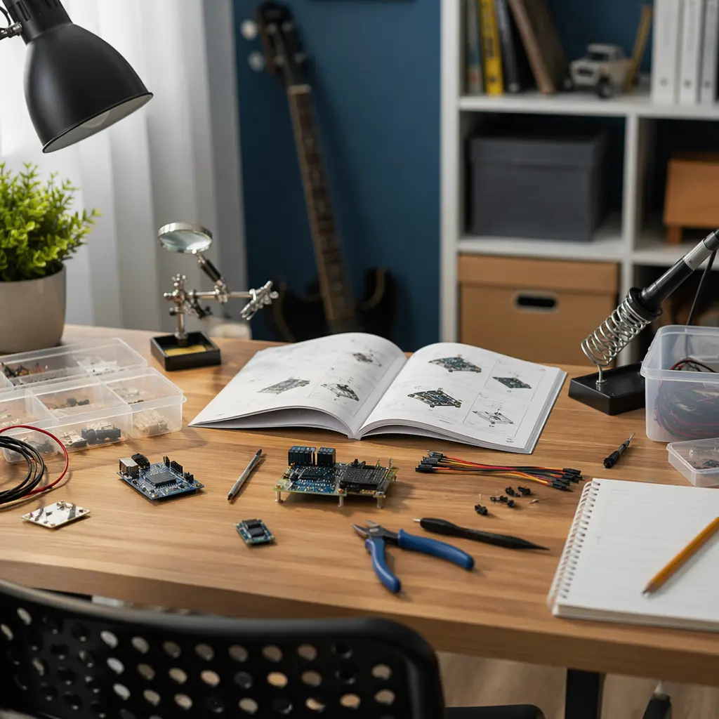 Electronics learning kit laid out on a workbench