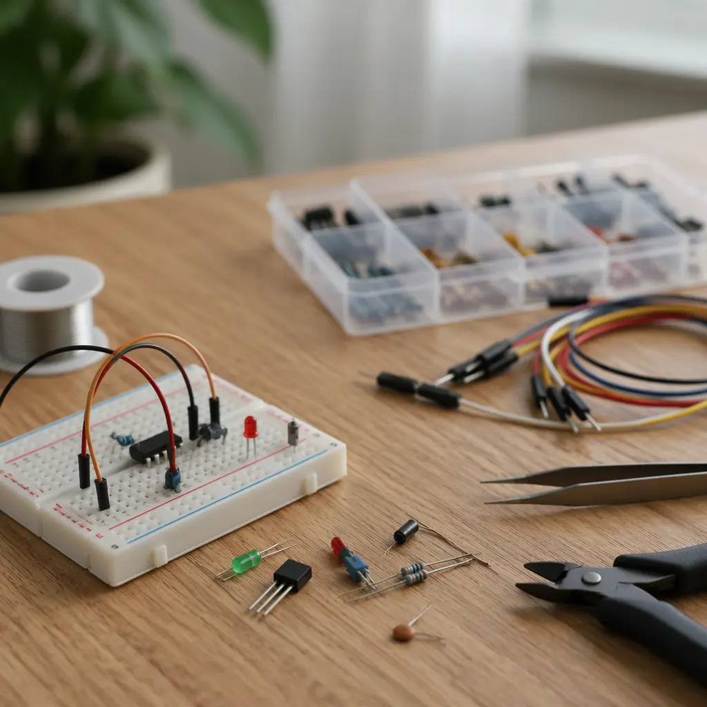 Electronics tools and components arranged on a table