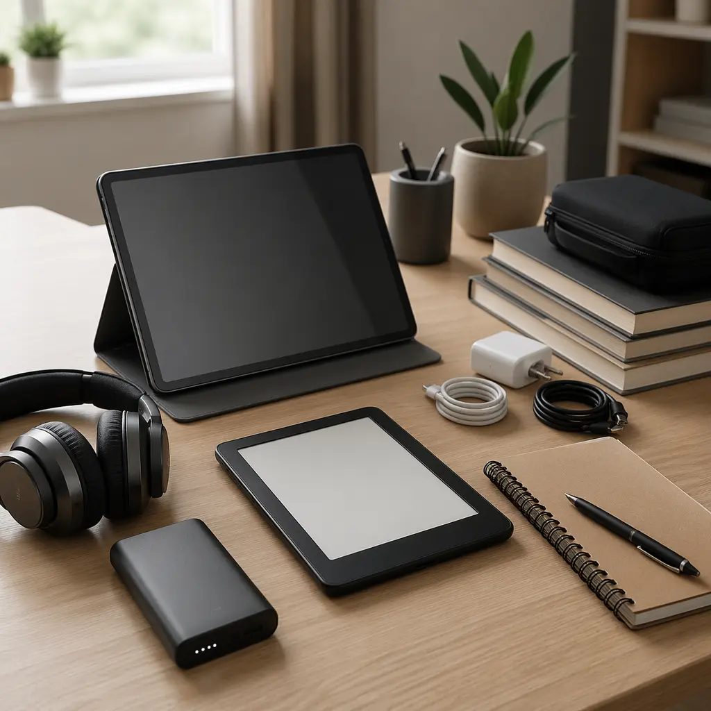 Offline electronic learning gadgets arranged on a desk