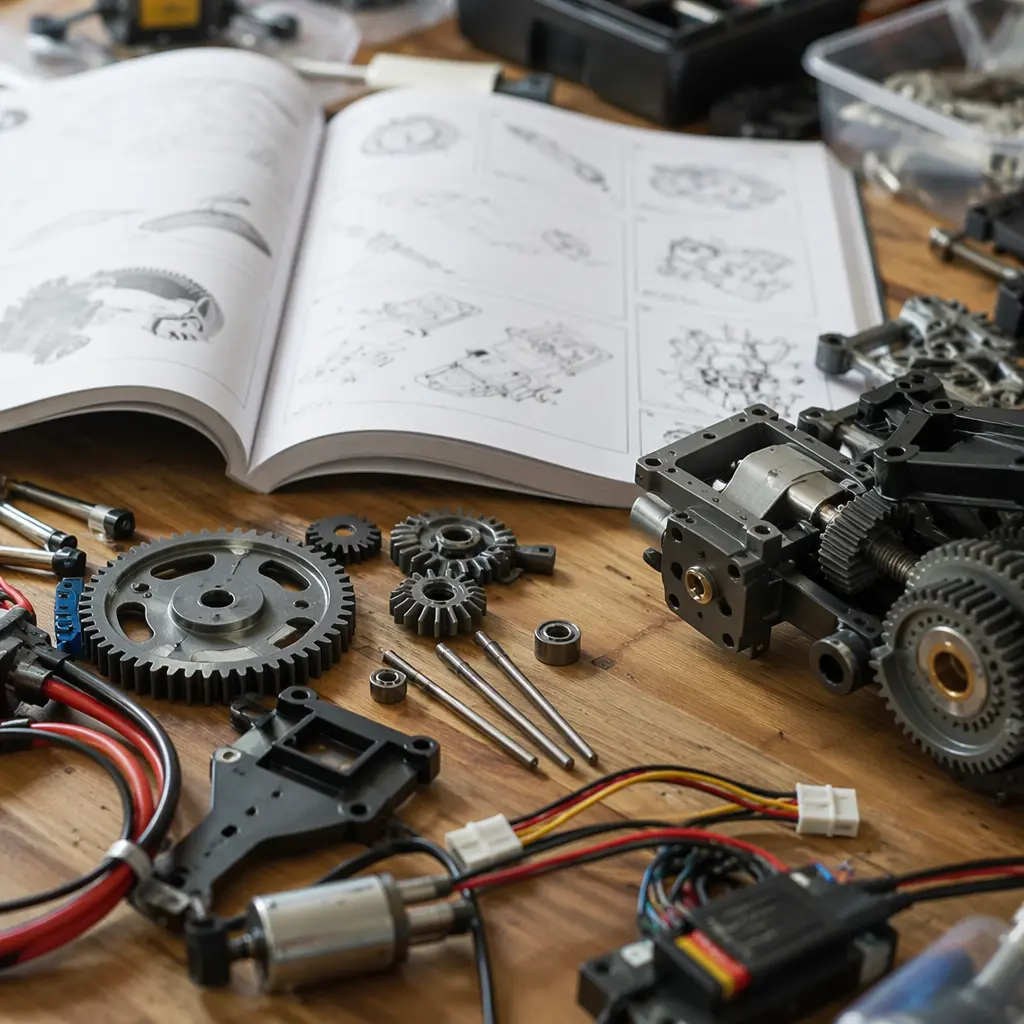 Mechanical STEM kit parts laid out on a workbench