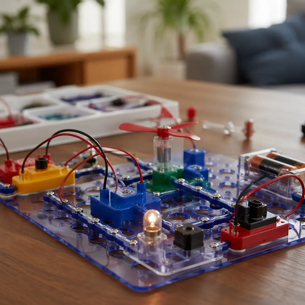 Offline electronics kits with wires and switches laid out for hands-on learning