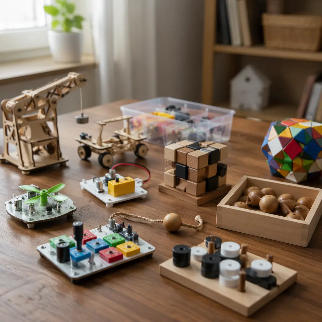A selection of offline tech toys for kids arranged on a wooden table in natural light