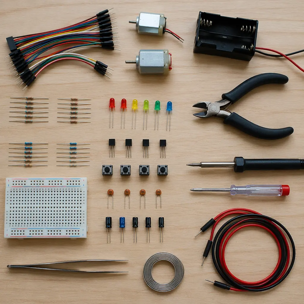 Hands-on electronic components arranged for a build project