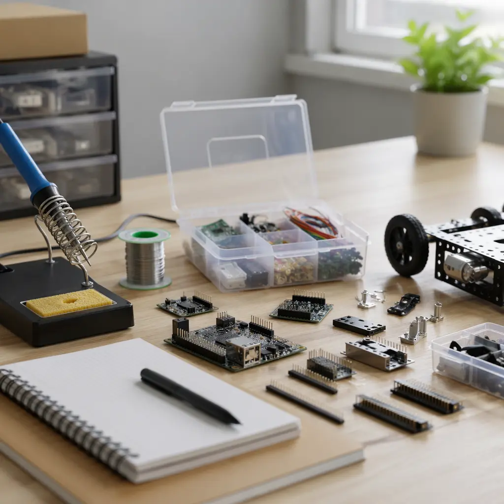 Modern screen-free tech learning kits arranged on a desk