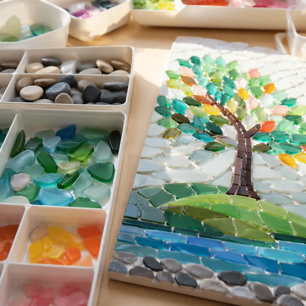Organized craft materials beside a completed kids’ art project.