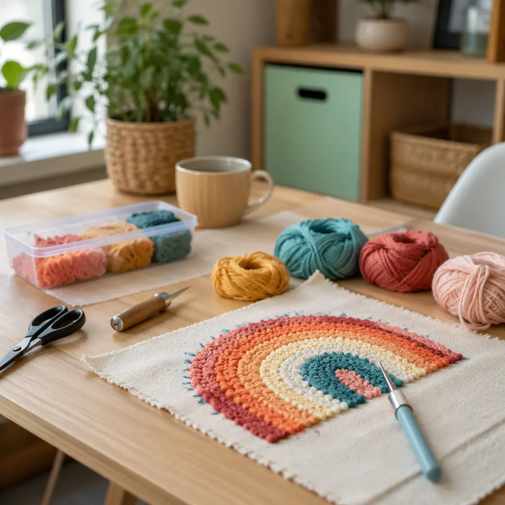 A neat craft table with colorful supplies set up for a quick arts and crafts project.