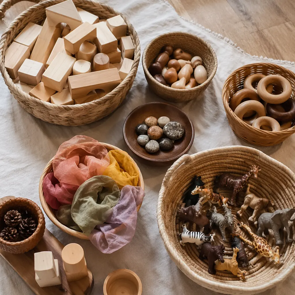 Baskets of open-ended pretend play materials like blocks and scarves