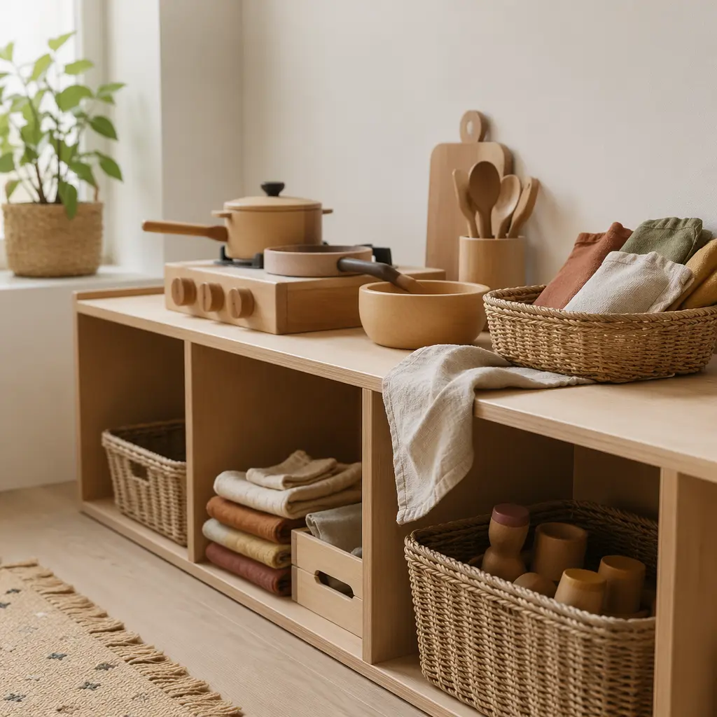 Low shelf with open-ended pretend play items in a minimalist room