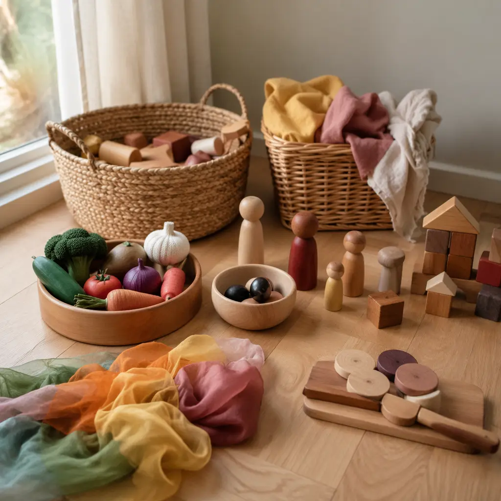 Open-ended pretend play toys arranged on a wooden floor in soft natural light