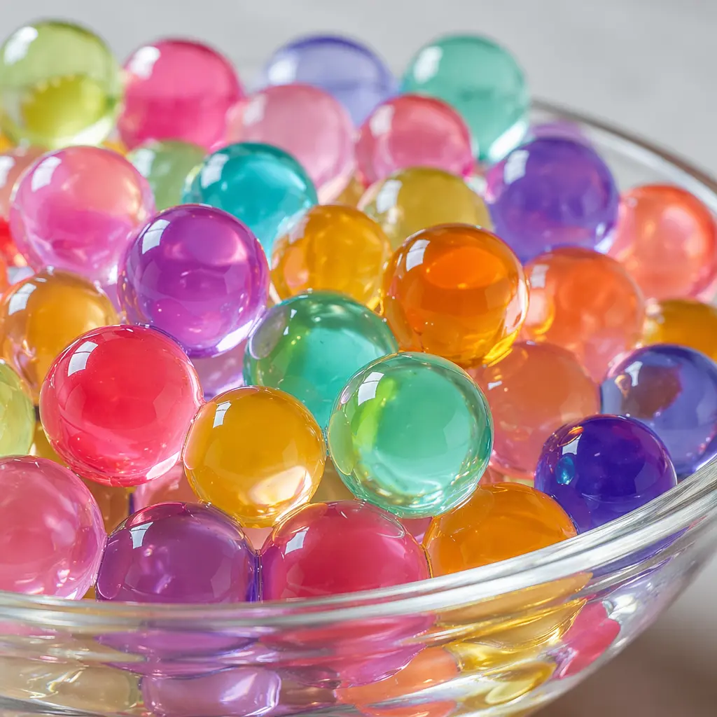 A bowl of colorful translucent water beads glowing in soft light