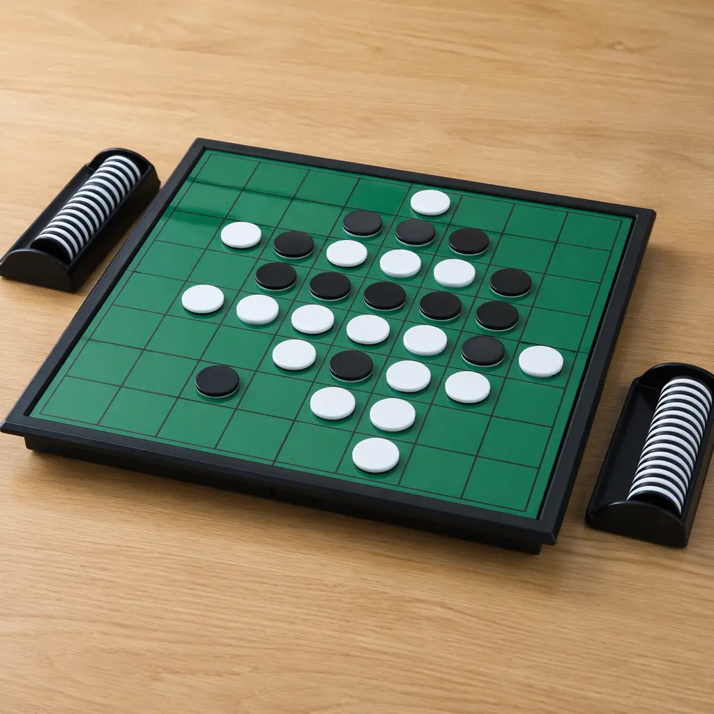 A black-and-white disc strategy board game mid-play, showing flipped pieces on a grid.