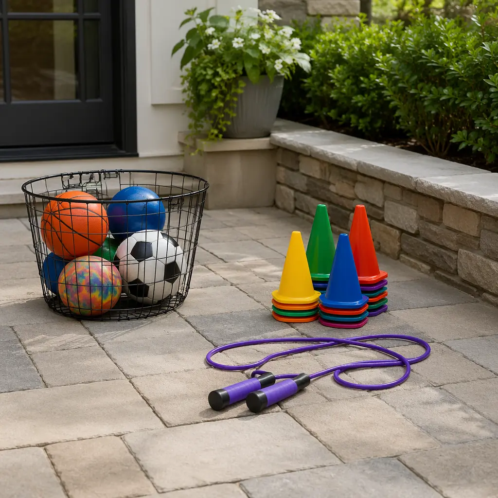 Outdoor play items organized on a patio for mixed-age play