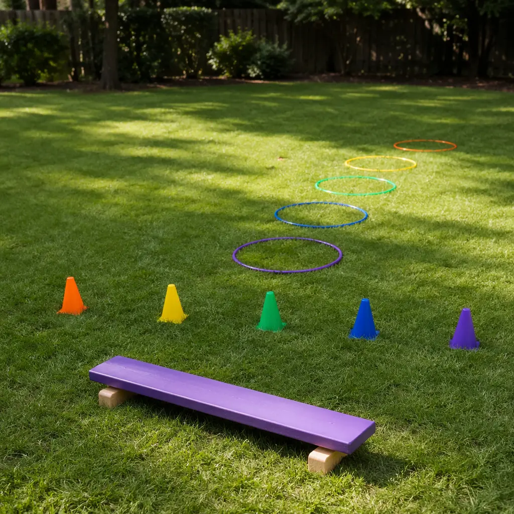 Simple backyard obstacle course set up on grass