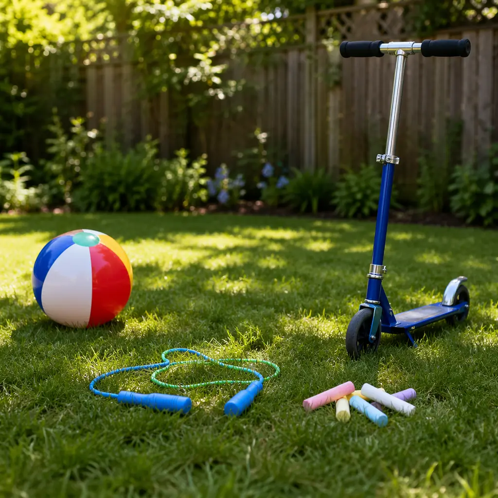 Classic outdoor toys arranged on grass in a sunny backyard