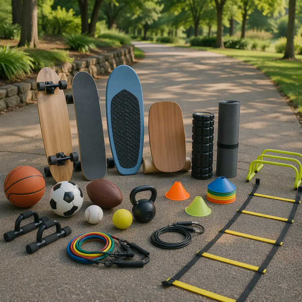 A selection of outdoor activity gear laid out in a park setting