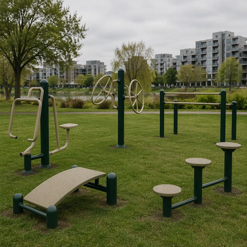 Outdoor fitness and balance equipment set up in a park