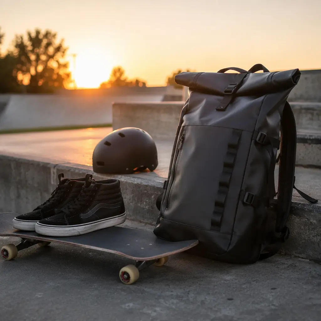 Modern outdoor activity gear arranged in an urban outdoor setting