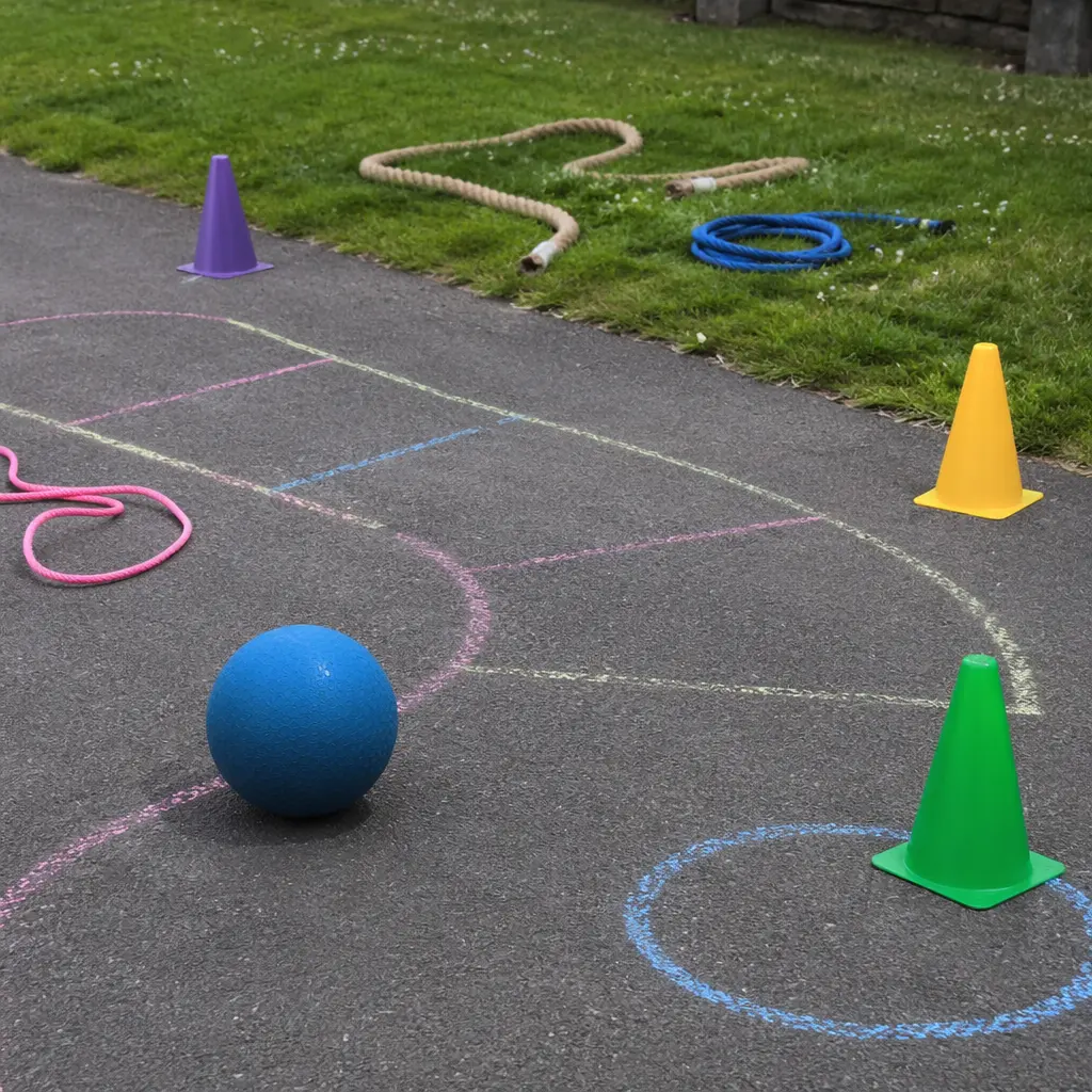 Open-ended outdoor play items like chalk, balls, cones, and ropes
