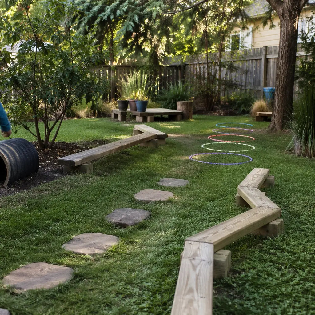 Backyard obstacle course made from simple, open-ended play pieces