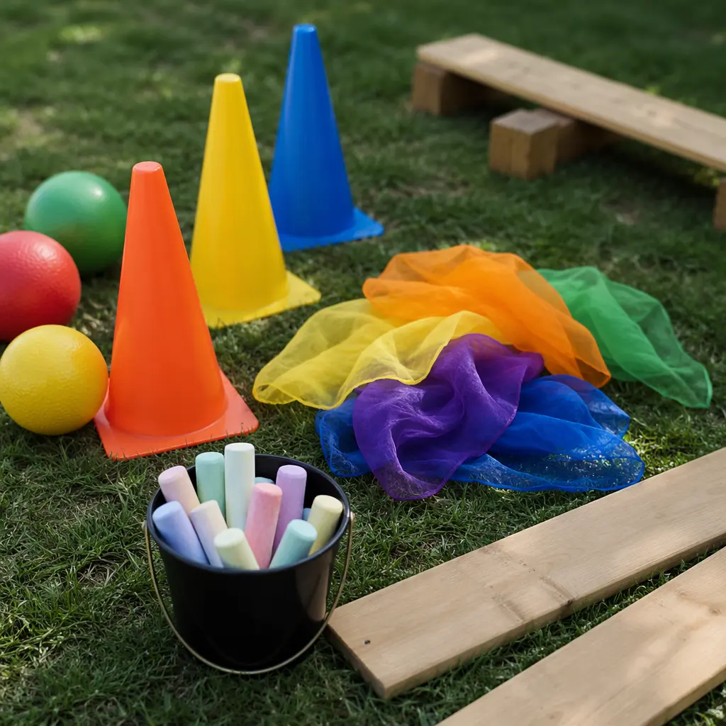 Battery-free outdoor toys arranged on grass to encourage imaginative play
