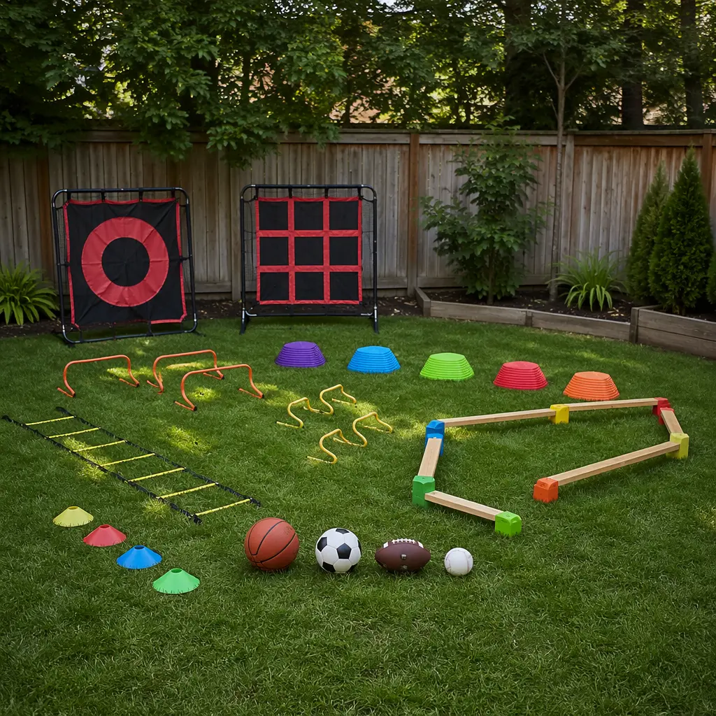Outdoor play equipment arranged in a backyard for tweens