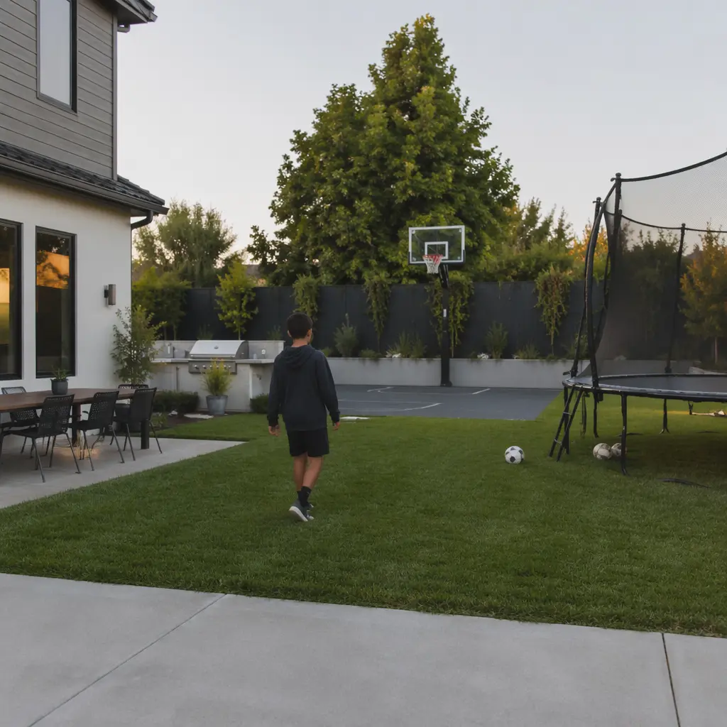 A backyard set up with outdoor toys suitable for older kids