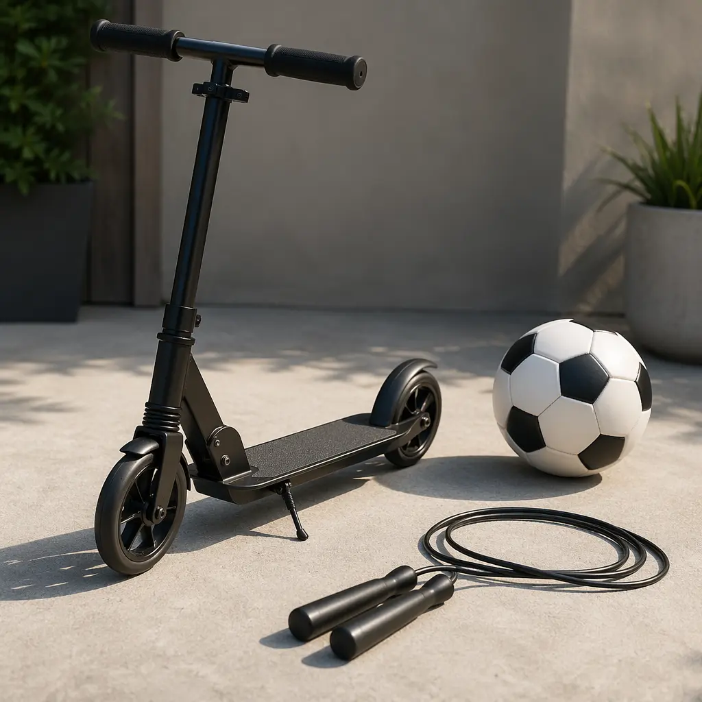 Outdoor activity gear suitable for tweens arranged on a patio