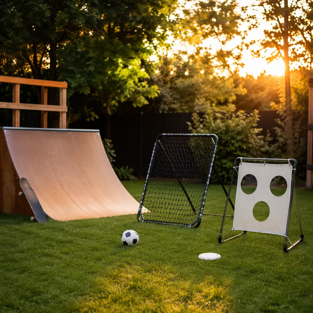 A backyard setup with skill-based outdoor play equipment for tweens