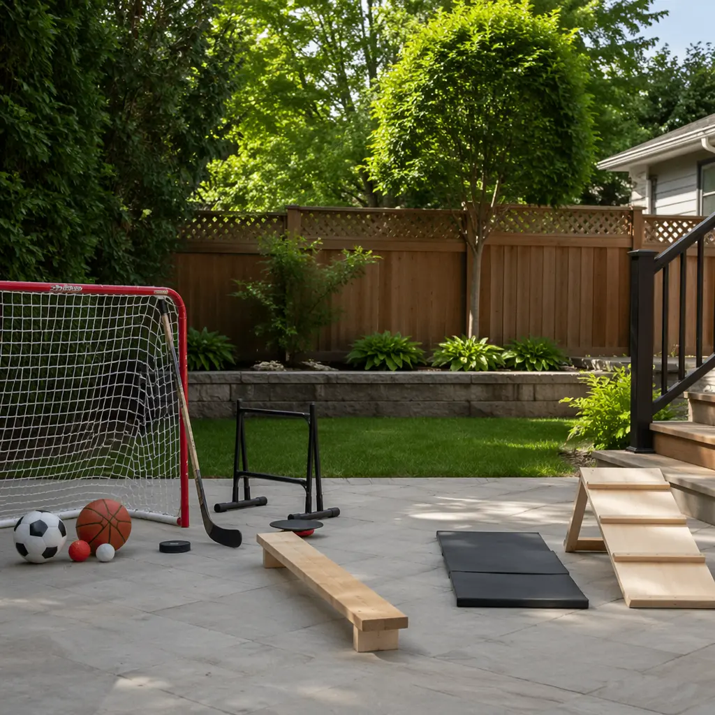 Outdoor play equipment set up in a backyard setting