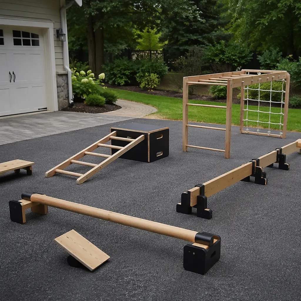 Skill-based outdoor play equipment set near a lawn
