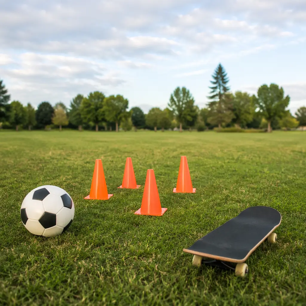 Open park space with simple sports gear laid out for active play.